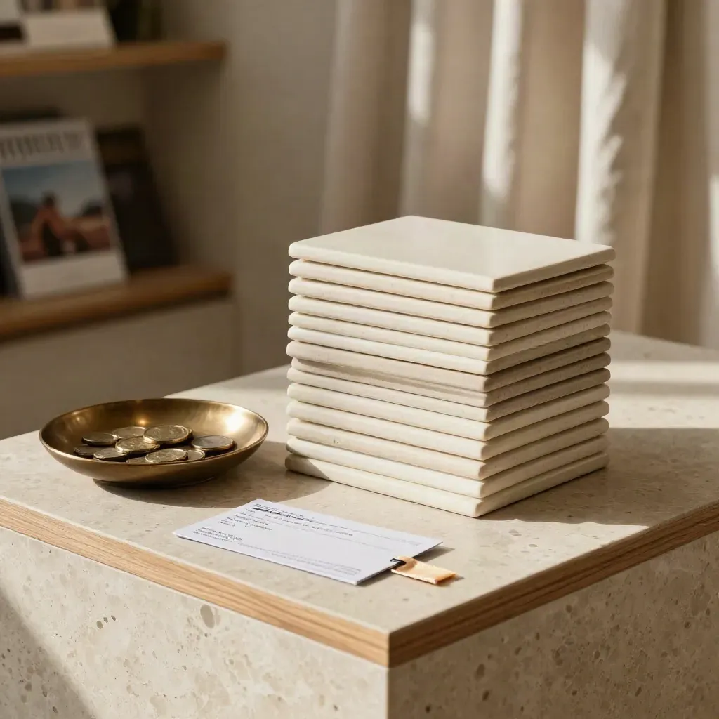 Graduated ceramic tiles, bronze tray and folded card on travertine in warm window light