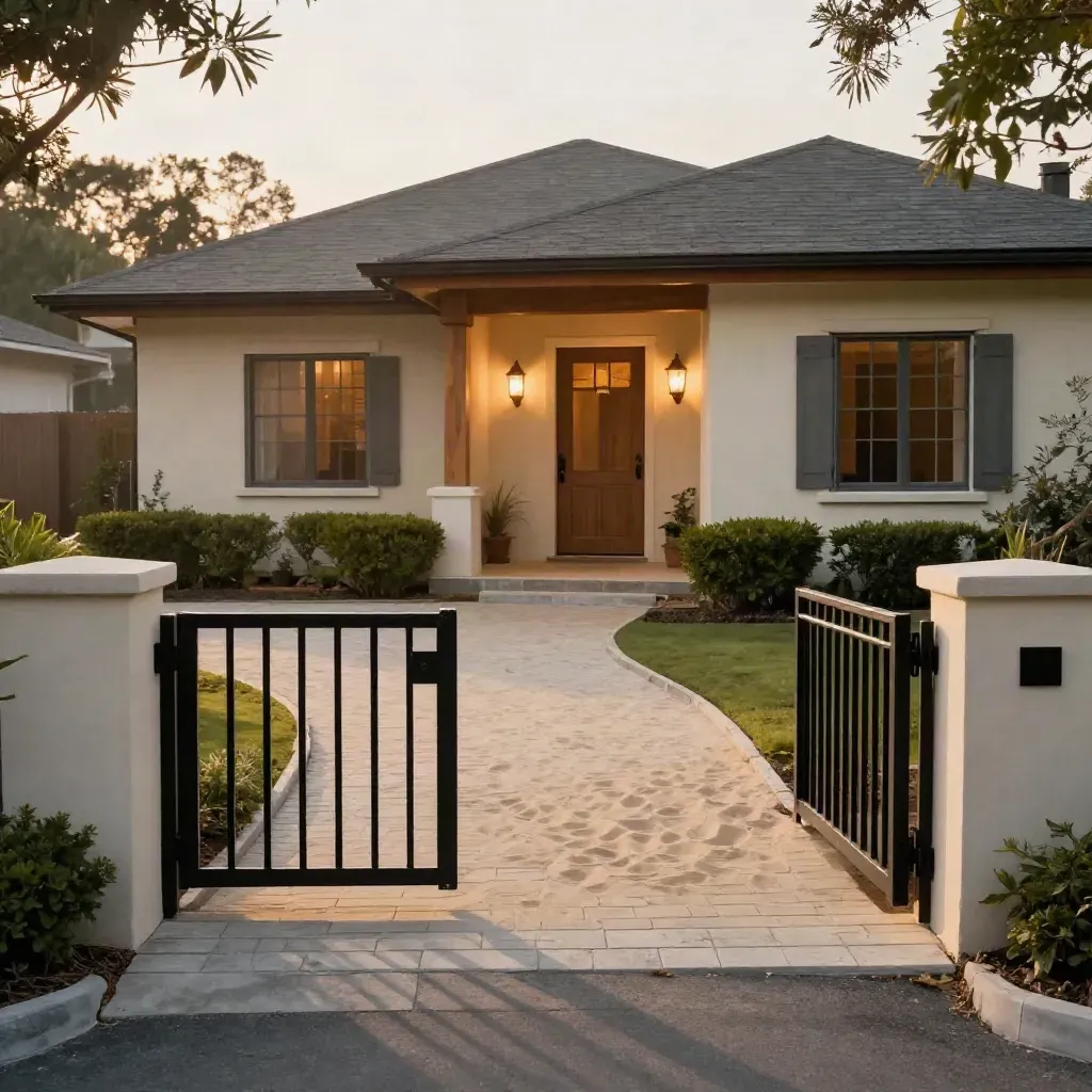 Elegant house frontage with gate, pavers, hedges, and warm porch lights at dusk.