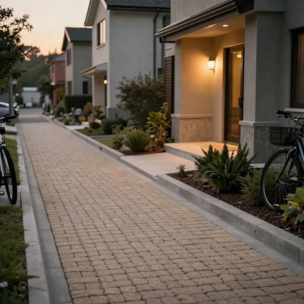 Close-up of sand-toned paving, curb, planting and a bicycle beside lit porches at dusk