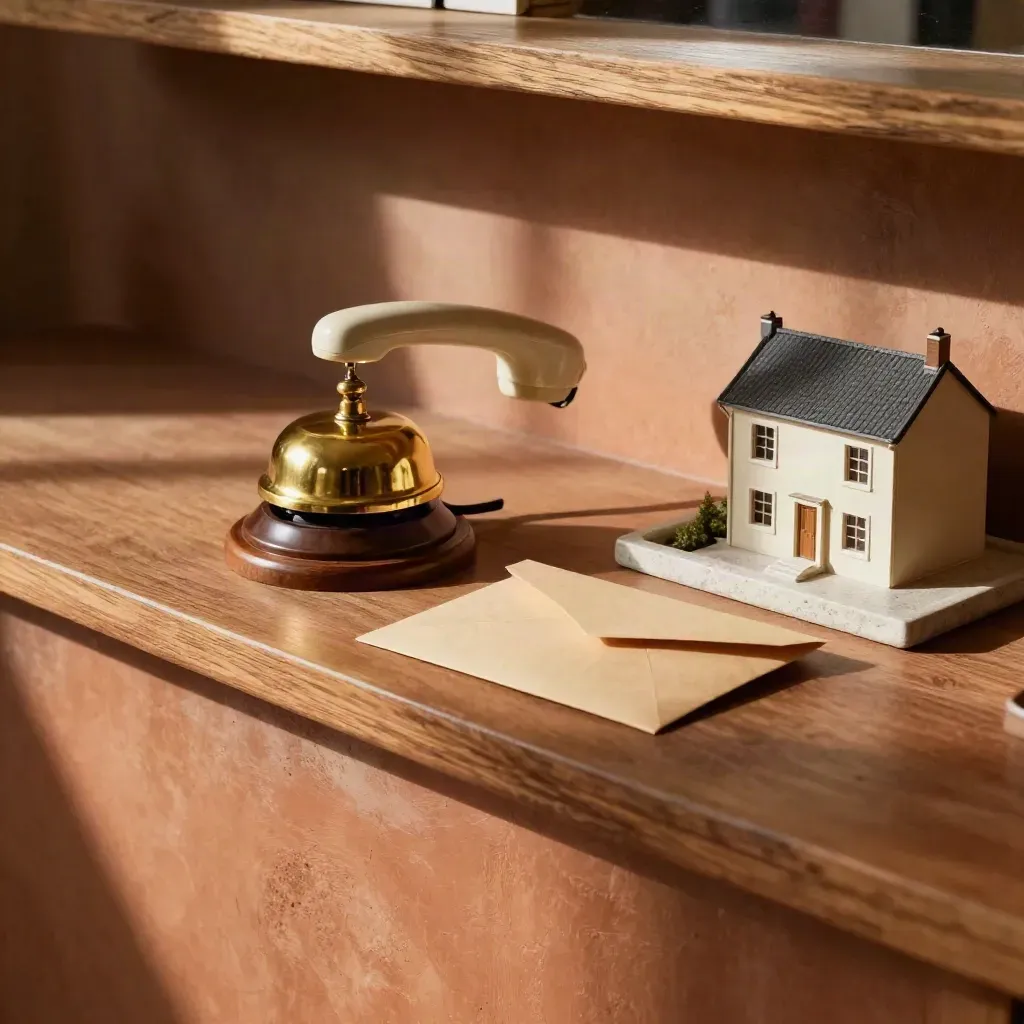 Brass bell, handset, sealed packet, and small house model on a terracotta entry console.