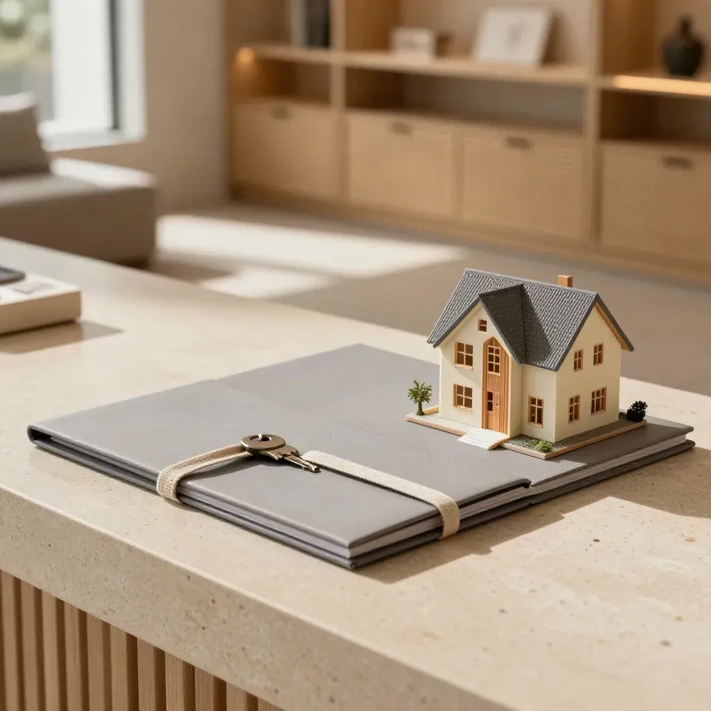 Property folder, key sleeve, and home model on a sand-stone counter in warm daylight.