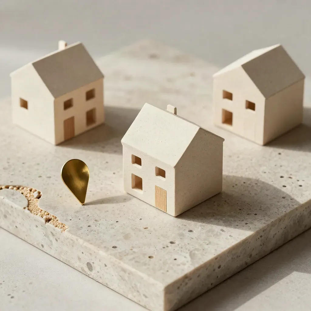 Overhead flatlay of unit models, brass pin, and pebble path chip on stone.