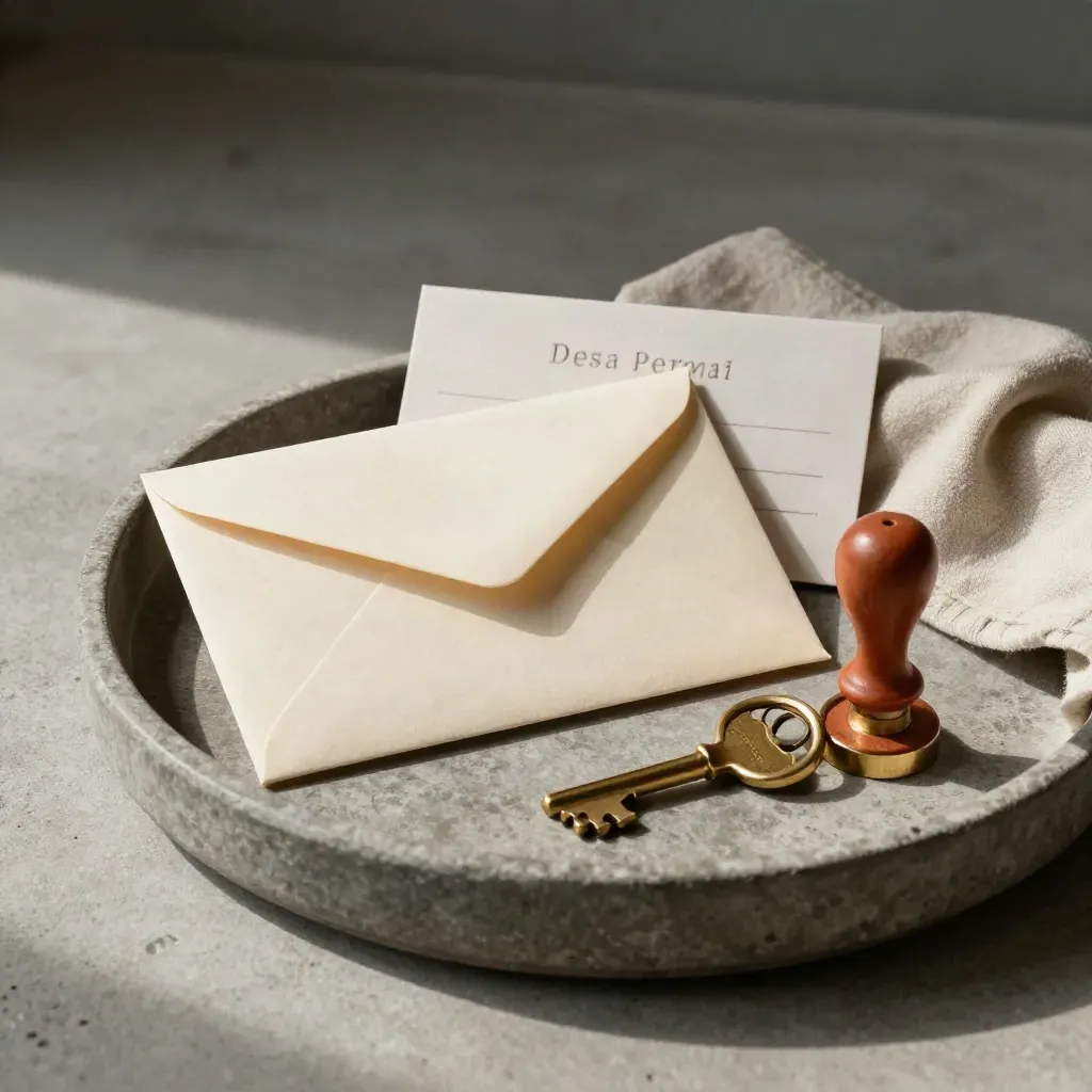 Booking tray with envelope, brass key, wax seal, and embossed card sleeve