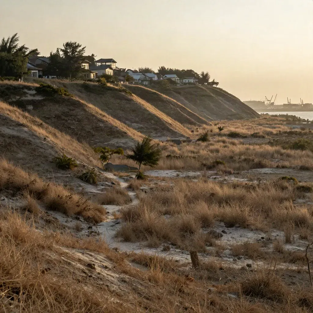 Golden-hour ridge over housing, trees, and a distant port line in salt haze
