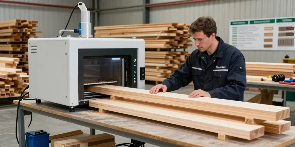 SHASHEL® microwave device ensuring chemical-free woodworm elimination in a modern facility.