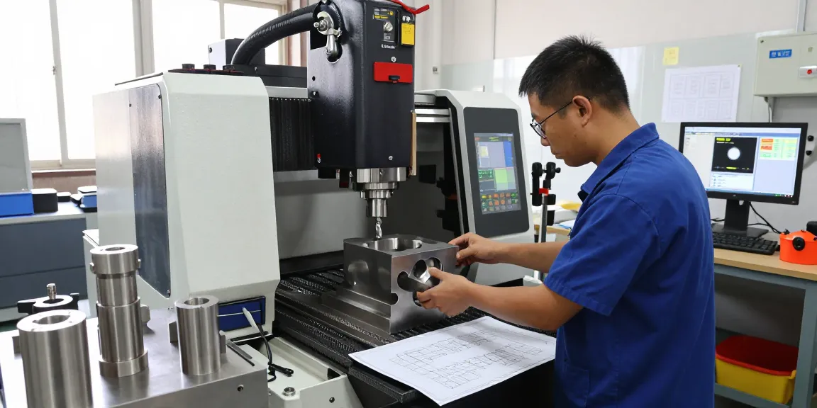 Production of cnc machined stainless steel parts in a modern industrial workshop with technician and advanced machinery.